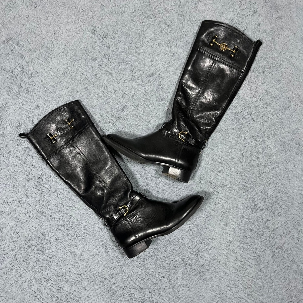 Tory Burch Nadine Womens Sz 7M Black Leather Knee High Tall Riding Boots Luxury - Picture 1 of 14